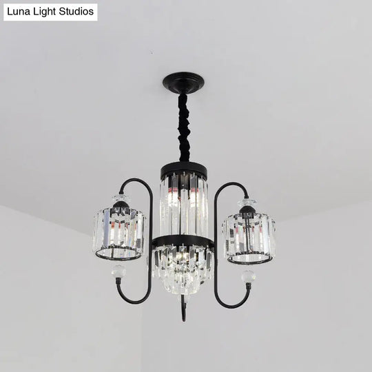 Modern Black Crystal Chandelier - 5/8 Cylindrical Heads With Gooseneck Arm