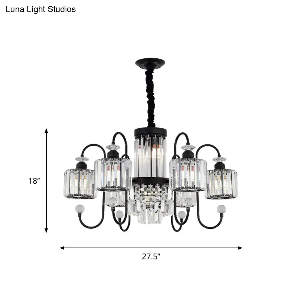 Modern Crystal Black Chandelier - 5/8 Cylindrical Heads Suspension Light With Gooseneck Arm