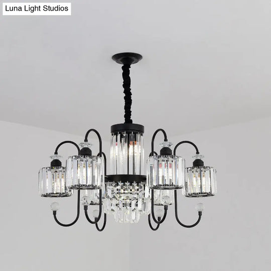 Modern Crystal Black Chandelier - 5/8 Cylindrical Heads Suspension Light With Gooseneck Arm