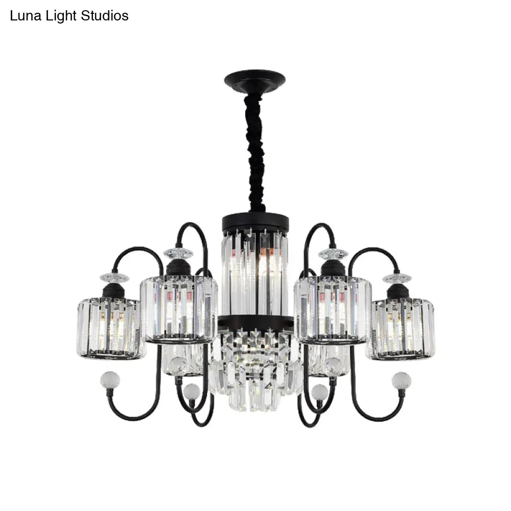 Modern Crystal Black Chandelier - 5/8 Cylindrical Heads Suspension Light With Gooseneck Arm