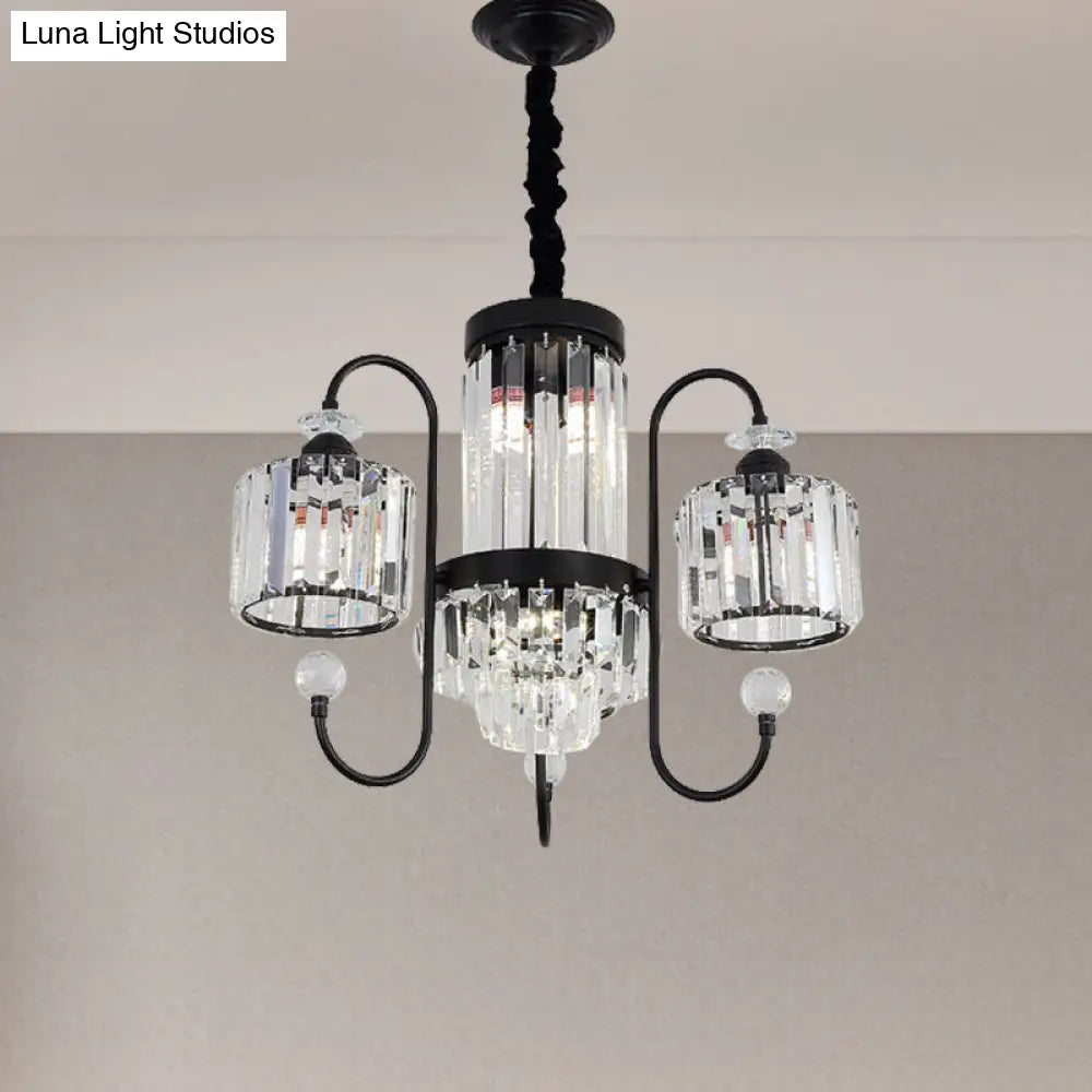 Modern Black Crystal Chandelier - 5/8 Cylindrical Heads With Gooseneck Arm 5 /