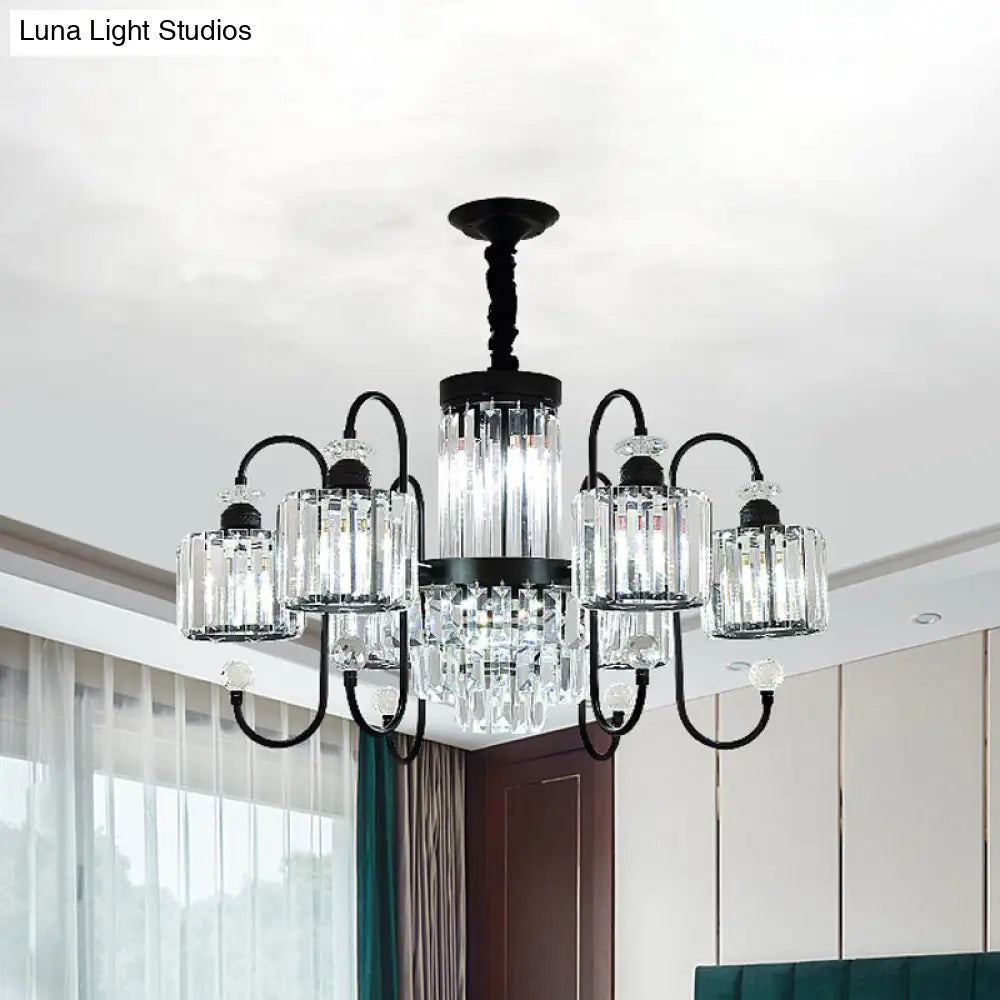 Modern Black Crystal Chandelier - 5/8 Cylindrical Heads With Gooseneck Arm 8 /