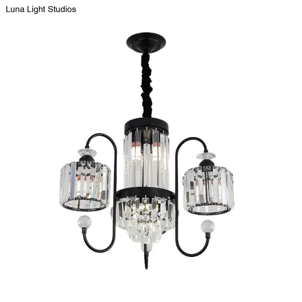 Modern Crystal Black Chandelier - 5/8 Cylindrical Heads Suspension Light With Gooseneck Arm