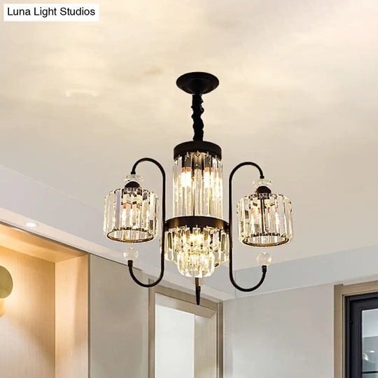 Modern Crystal Black Chandelier - 5/8 Cylindrical Heads Suspension Light With Gooseneck Arm