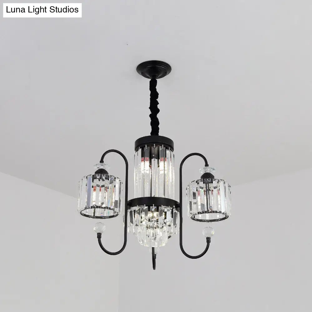 Modern Crystal Black Chandelier - 5/8 Cylindrical Heads Suspension Light With Gooseneck Arm