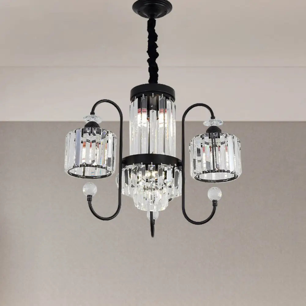 Modern Crystal Black Chandelier - 5/8 Cylindrical Heads Suspension Light With Gooseneck Arm 5 /