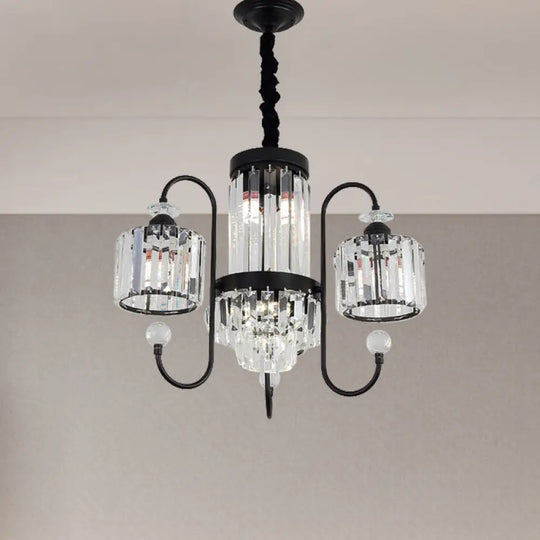 Modern Crystal Black Chandelier - 5/8 Cylindrical Heads Suspension Light With Gooseneck Arm 5 /