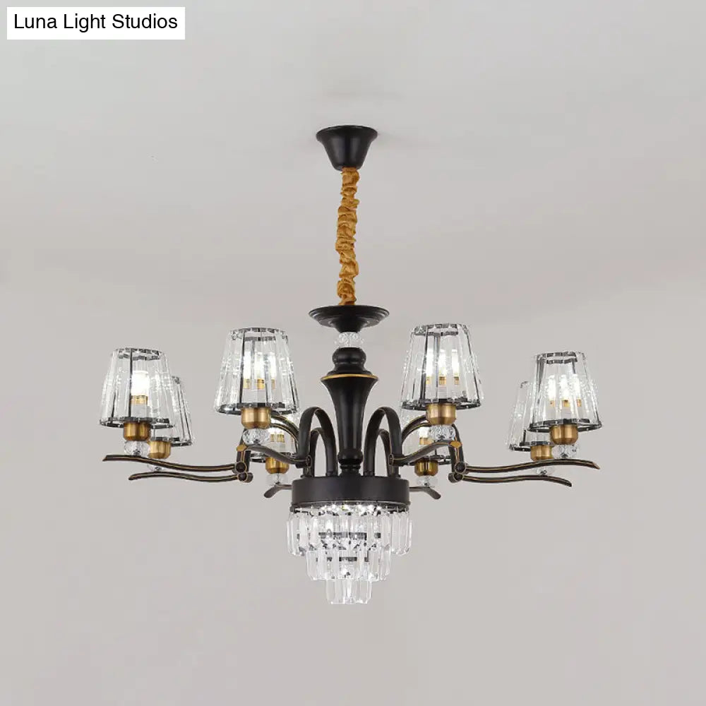 Modern Crystal Black Conical Ceiling Light Chandelier Pendant Lamp - 6/8 Heads For Living Room