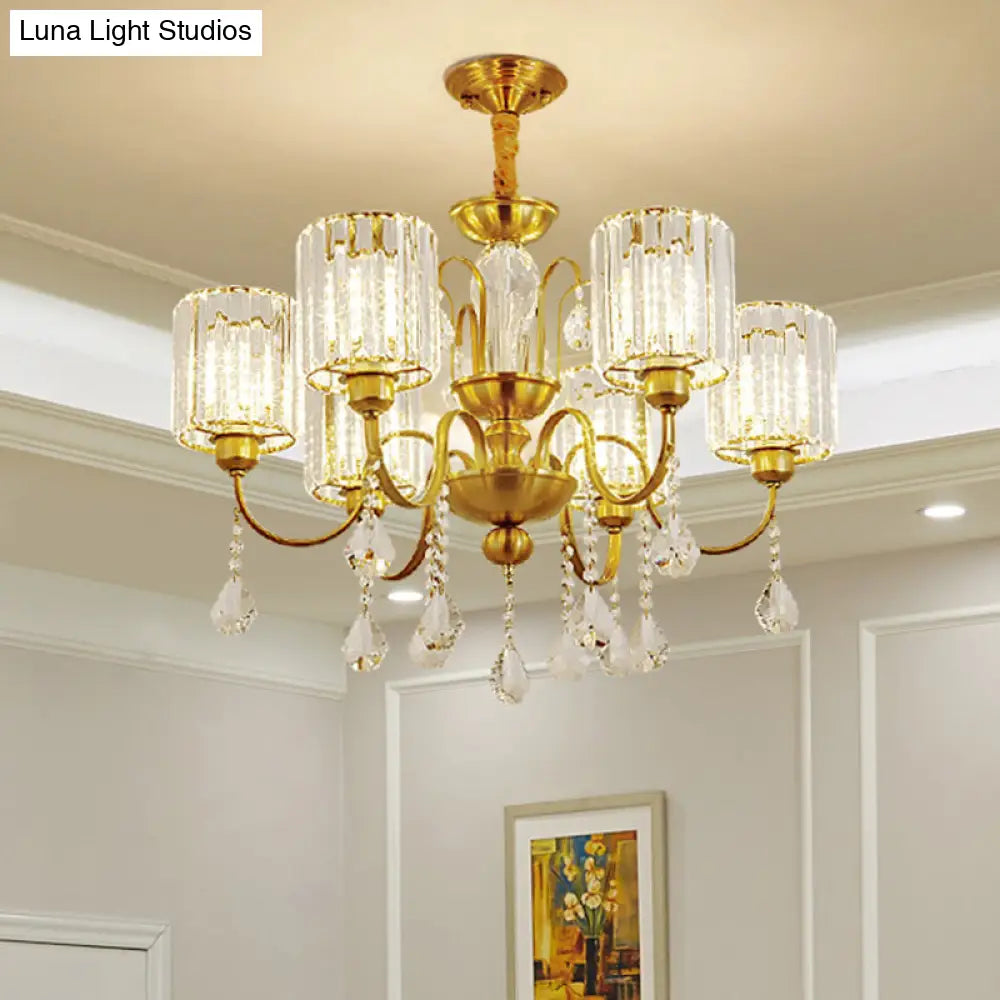 Modern Gold Finish Cylinder Pendant Chandelier With Crystal Block - 6 Heads Suspension Light For