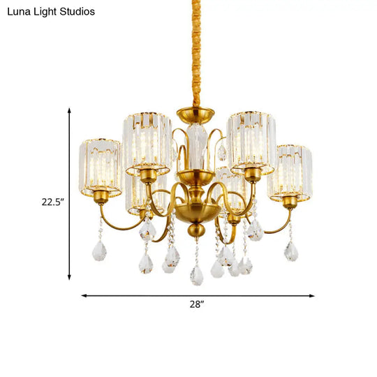 Modern Gold Finish Cylinder Pendant Chandelier With Crystal Block - 6 Heads Suspension Light For