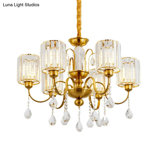 Modern Gold Finish Cylinder Pendant Chandelier With Crystal Block - 6 Heads Suspension Light For