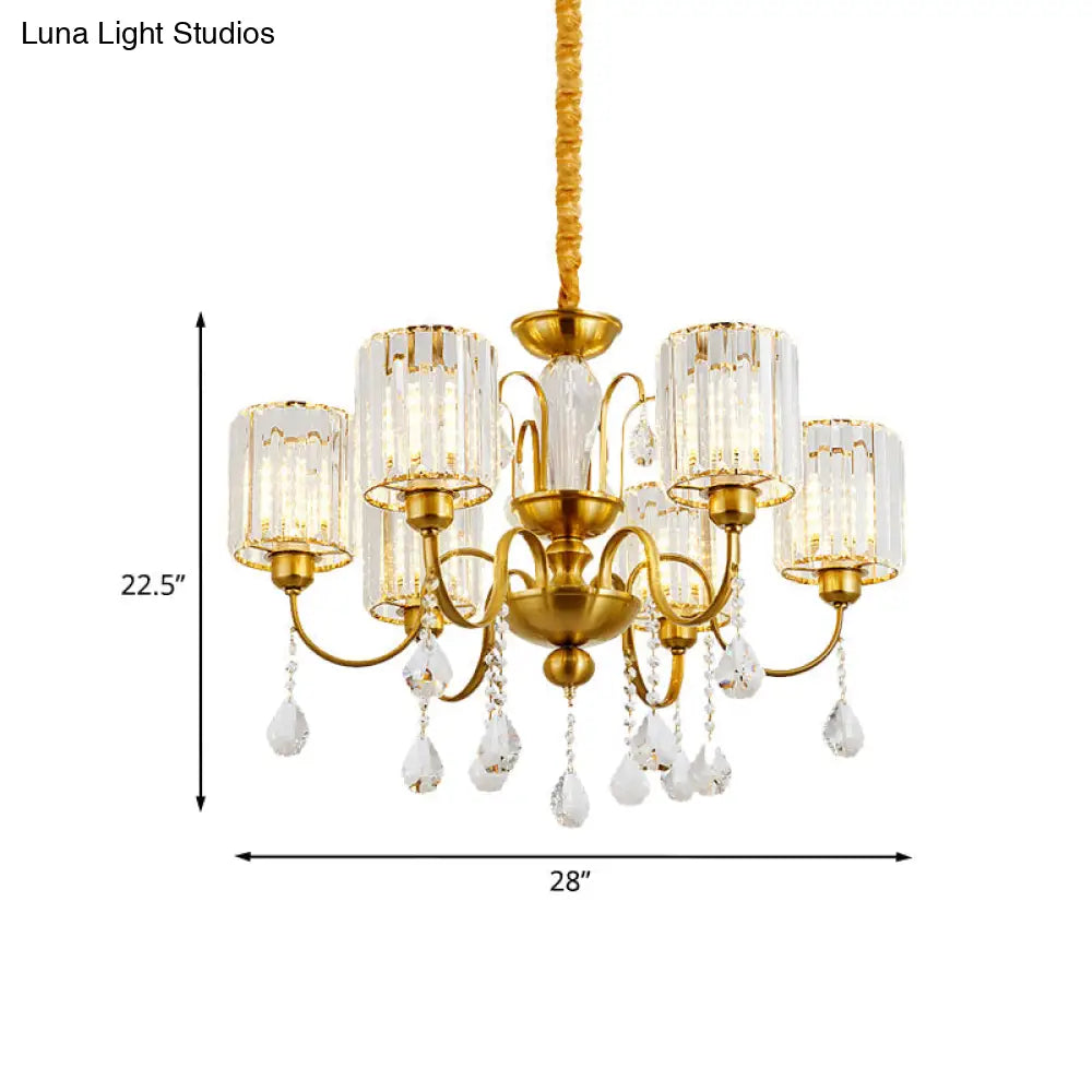 Modern Crystal Block 6-Light Cylinder Pendant Chandelier With Gold Finish - Ideal For Living Room