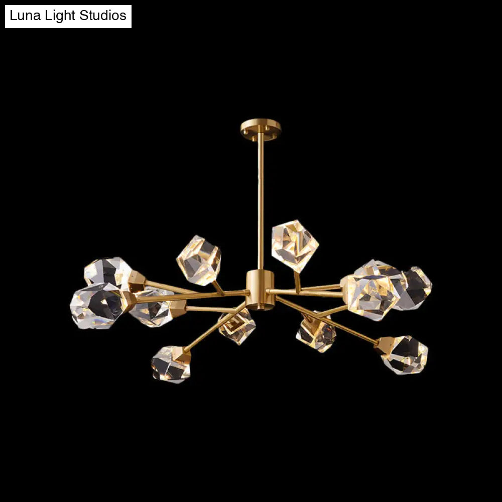 Post-Modern Branched Brass Chandelier With Crystal Blocks - 6/15/18 Lights Ceiling Hanging Fixture