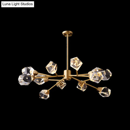 Post-Modern Branched Brass Chandelier With Crystal Blocks - 6/15/18 Lights Ceiling Hanging Fixture