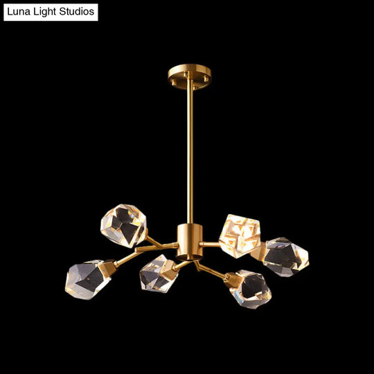 Post-Modern Branched Brass Chandelier With Crystal Blocks - 6/15/18 Lights Ceiling Hanging Fixture