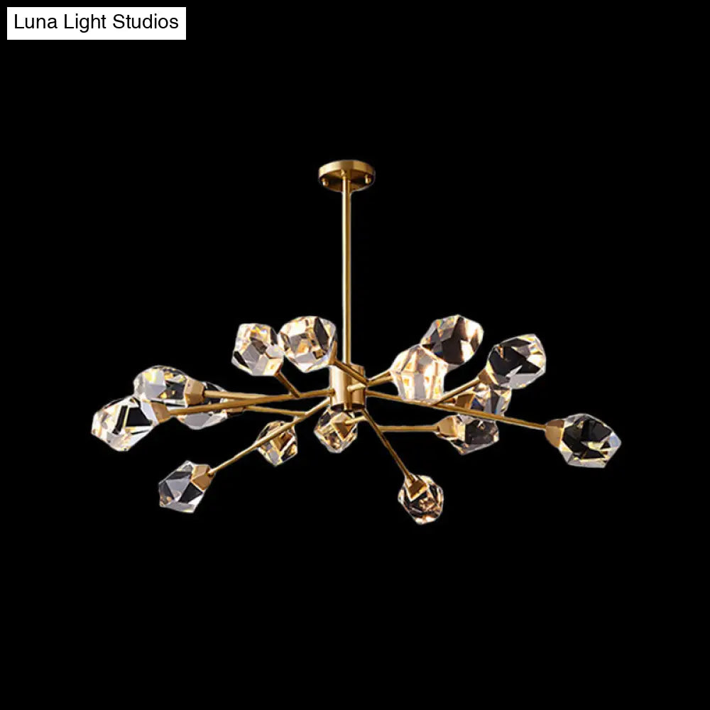 Post-Modern Branched Brass Chandelier With Crystal Blocks - 6/15/18 Lights Ceiling Hanging Fixture