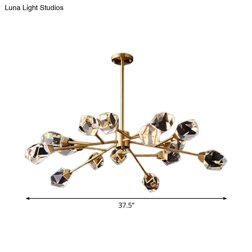 Post-Modern Branched Brass Chandelier With Crystal Blocks - 6/15/18 Lights Ceiling Hanging Fixture