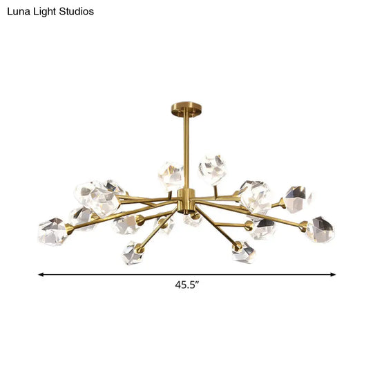 Post-Modern Branched Brass Chandelier With Crystal Blocks - 6/15/18 Lights Ceiling Hanging Fixture