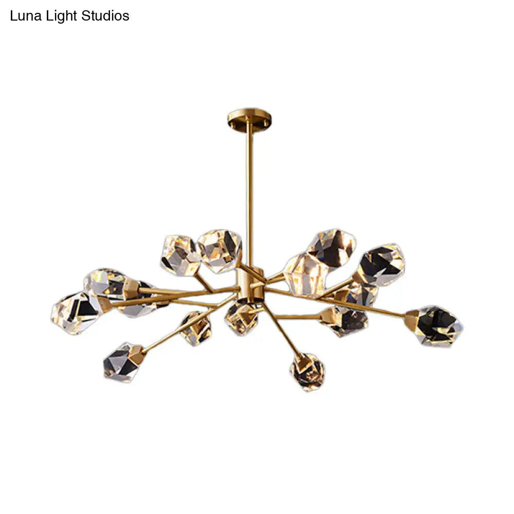 Post-Modern Branched Brass Chandelier With Crystal Blocks - 6/15/18 Lights Ceiling Hanging Fixture