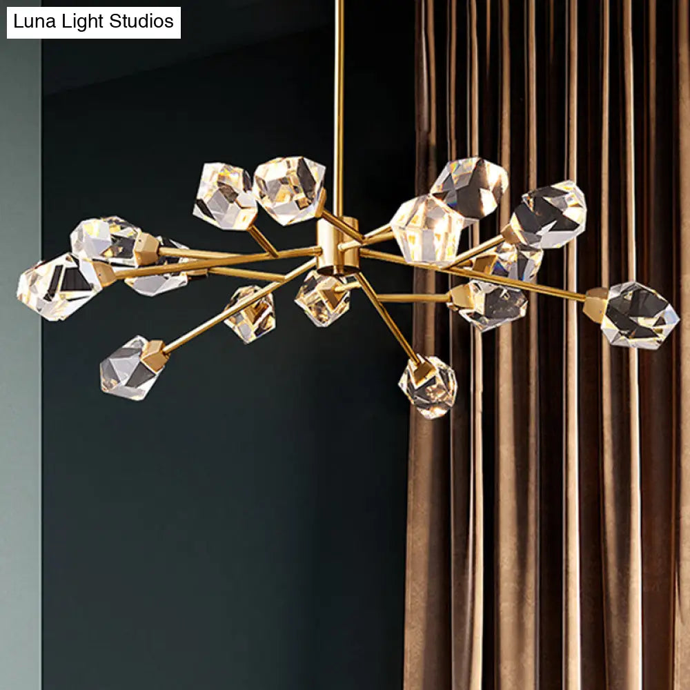 Post-Modern Branched Brass Chandelier With Crystal Blocks - 6/15/18 Lights Ceiling Hanging Fixture