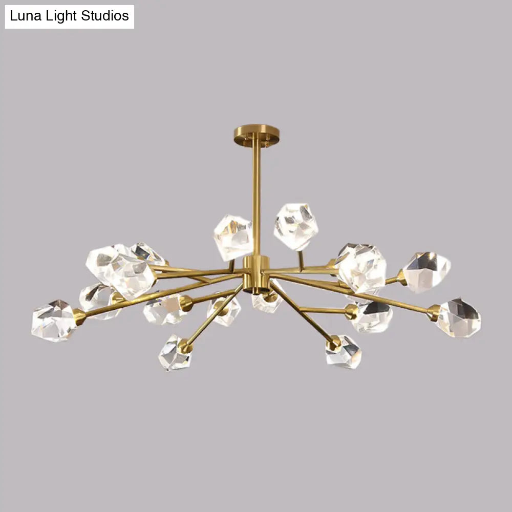 Post-Modern Branched Brass Chandelier With Crystal Blocks - 6/15/18 Lights Ceiling Hanging Fixture