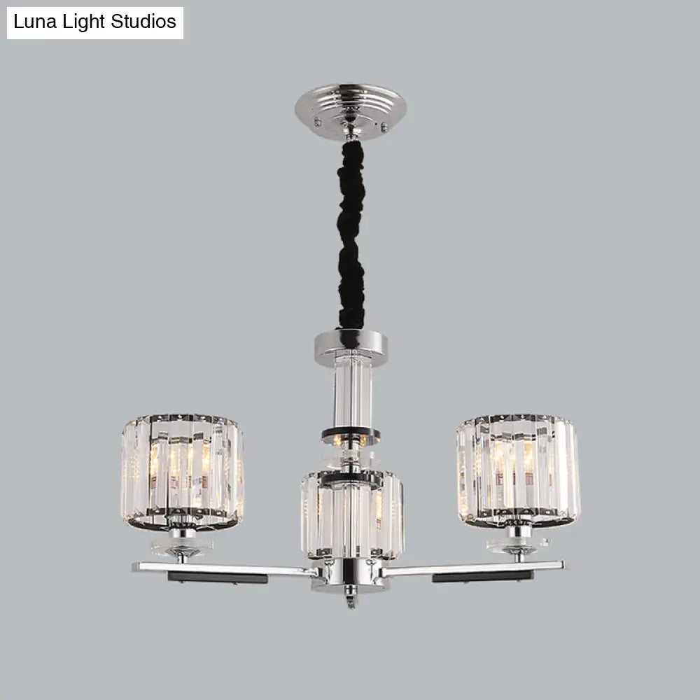 Modern Crystal Block Drum Pendant Chandelier - Black 3/6-Head Ceiling Light With Stylish Radial