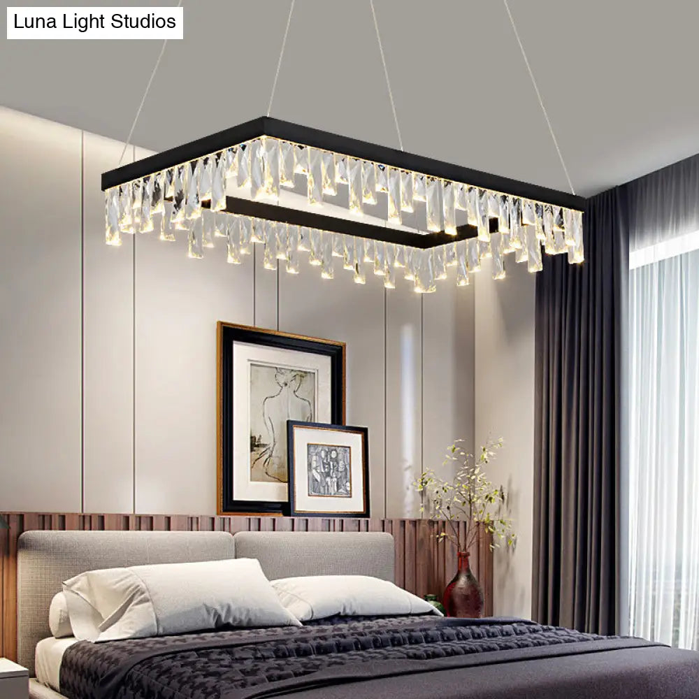 Modern Crystal Block Led Black Chandelier Lighting - Rectangle Hanging Light In 16’/23.5’ Width