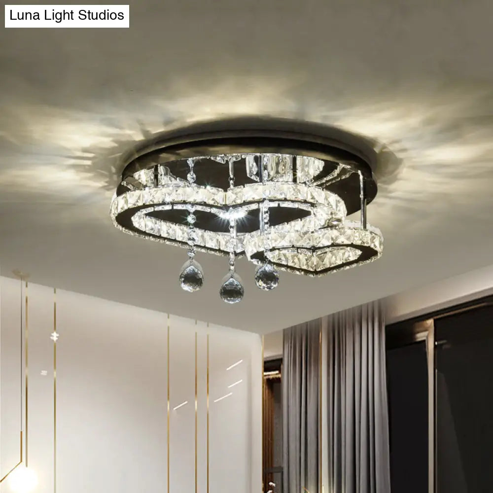 Modern Crystal Block Led Ceiling Lamp With Loving Heart Design - Bedroom Semi Flush Mount In Chrome