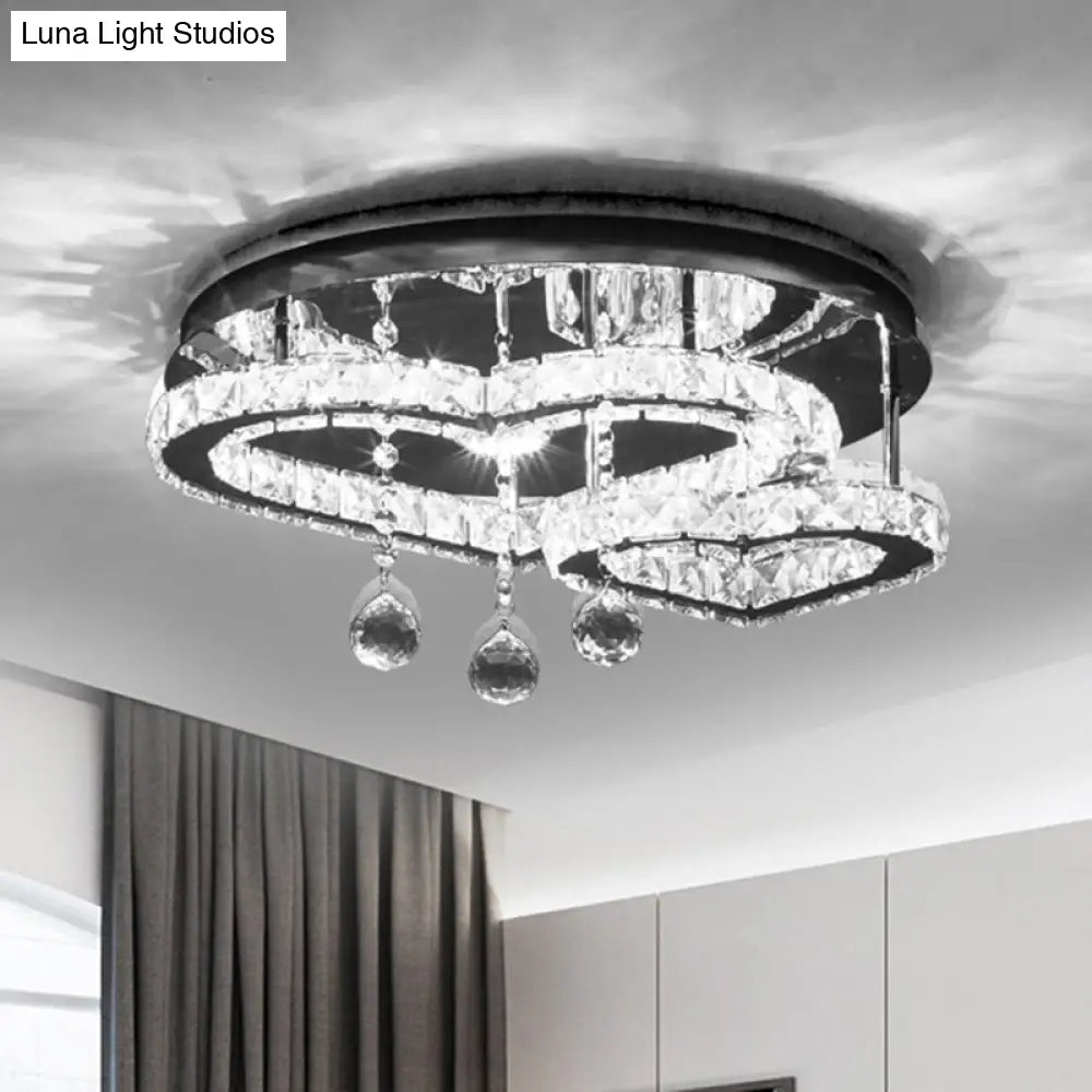 Modern Crystal Block Led Ceiling Lamp With Loving Heart Design - Bedroom Semi Flush Mount In Chrome