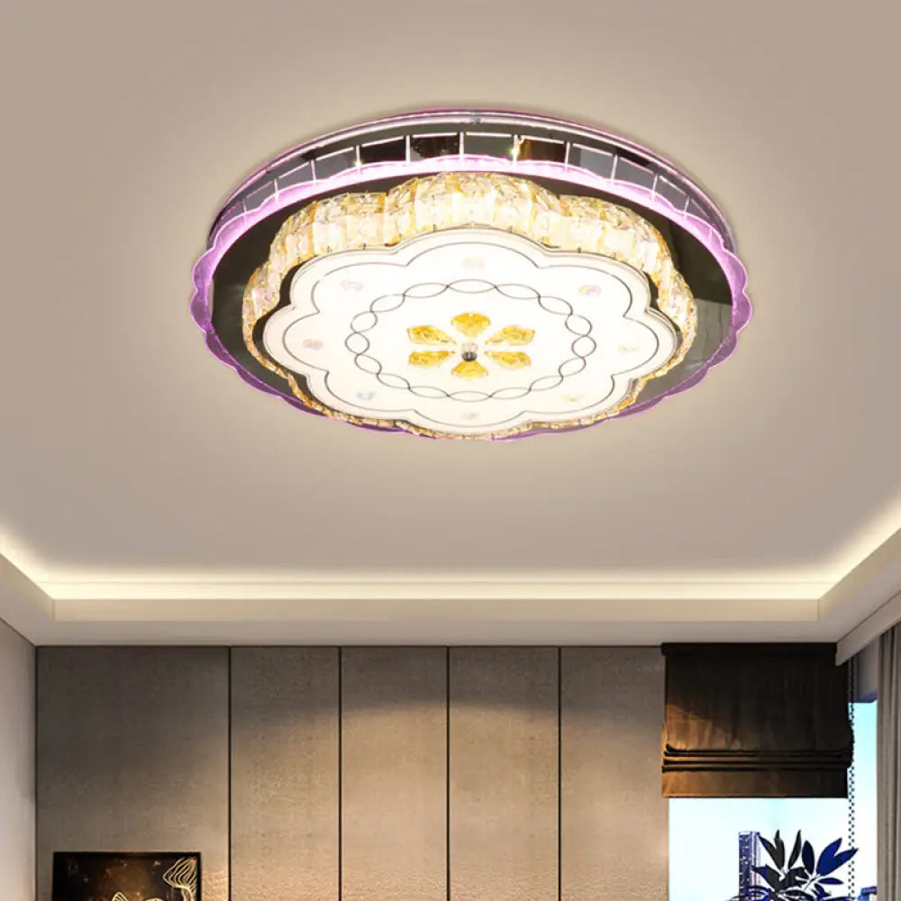 Modern Crystal Block Led Flush Ceiling Lamp In Stainless Steel With Floral Design Stainless - Steel