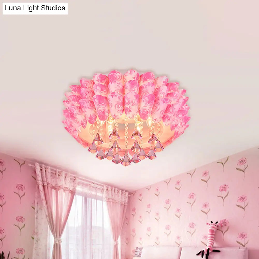 Modern Crystal Blossom Flush Mount Lamp With 5 Lights - Pink/Purple Ceiling Lighting For Bedroom