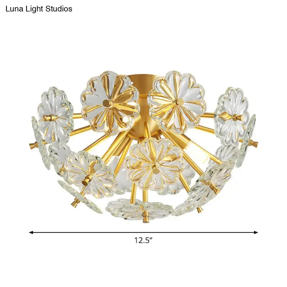 Modern Crystal Bouquet Semi Flush Mount Ceiling Lamp - Gold 3/5 Lights Bedroom Lighting