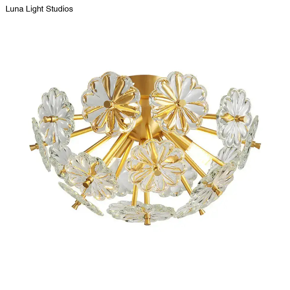 Modern Crystal Bouquet Semi Flush Mount Ceiling Lamp - Gold 3/5 Lights Bedroom Lighting