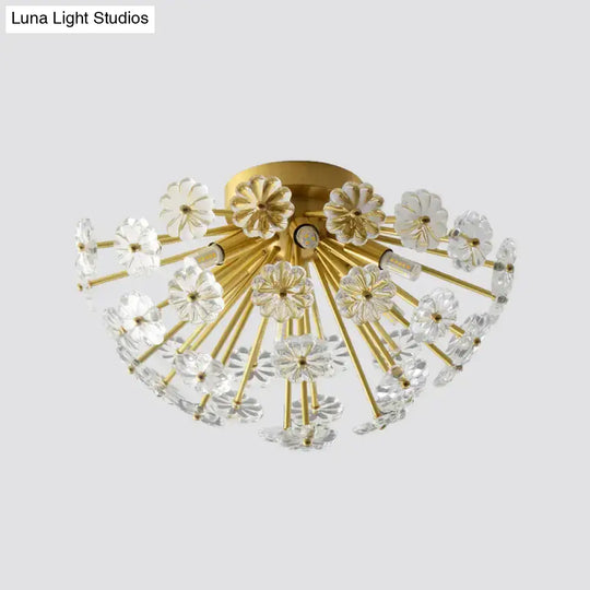 Modern Crystal Bouquet Semi Flush Mount Ceiling Lamp - Gold 3/5 Lights Bedroom Lighting