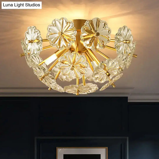 Modern Crystal Bouquet Semi Flush Mount Ceiling Lamp - Gold 3/5 Lights Bedroom Lighting