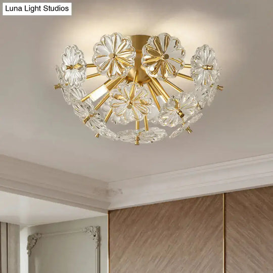 Modern Crystal Bouquet Semi Flush Mount Ceiling Lamp - Gold 3/5 Lights Bedroom Lighting