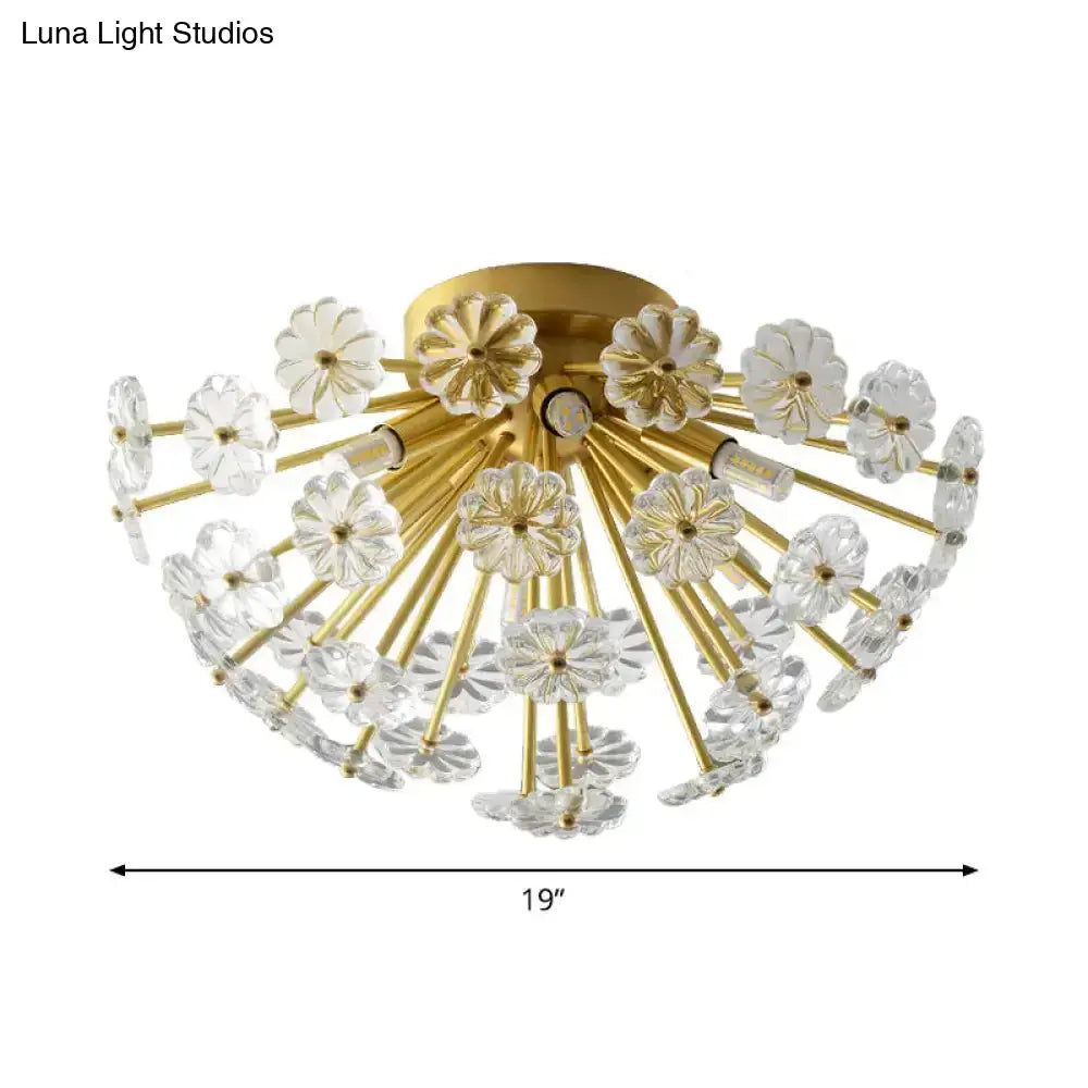 Modern Crystal Bouquet Semi Flush Mount Ceiling Lamp - Gold 3/5 Lights Bedroom Lighting