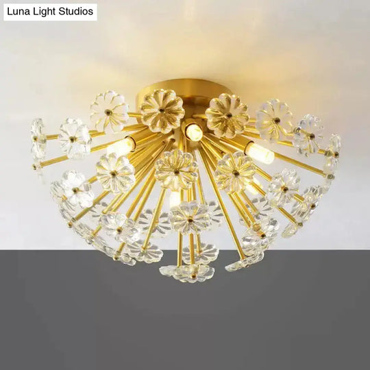 Modern Crystal Bouquet Semi Flush Mount Ceiling Lamp - Gold 3/5 Lights Bedroom Lighting