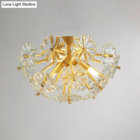 Modern Crystal Bouquet Semi Flush Mount Ceiling Lamp - Gold 3/5 Lights Bedroom Lighting