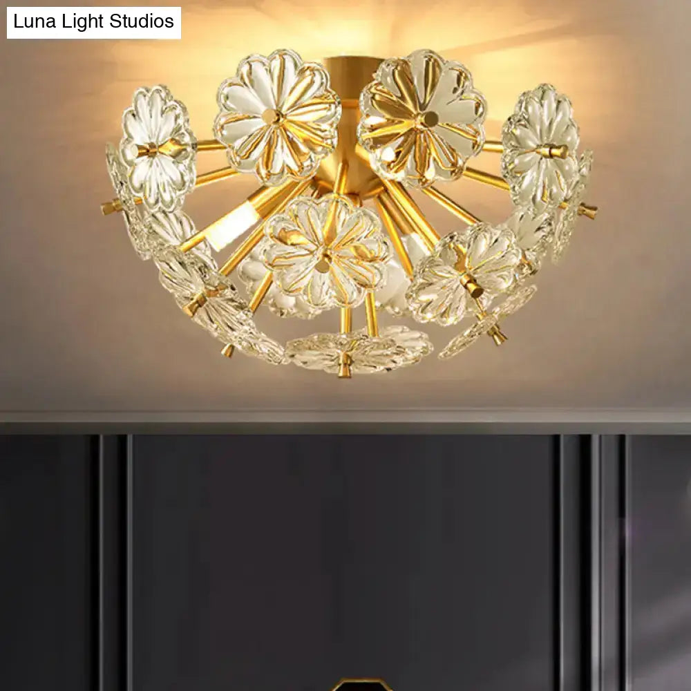 Modern Crystal Bouquet Semi Flush Mount Ceiling Lamp - Gold 3/5 Lights Bedroom Lighting