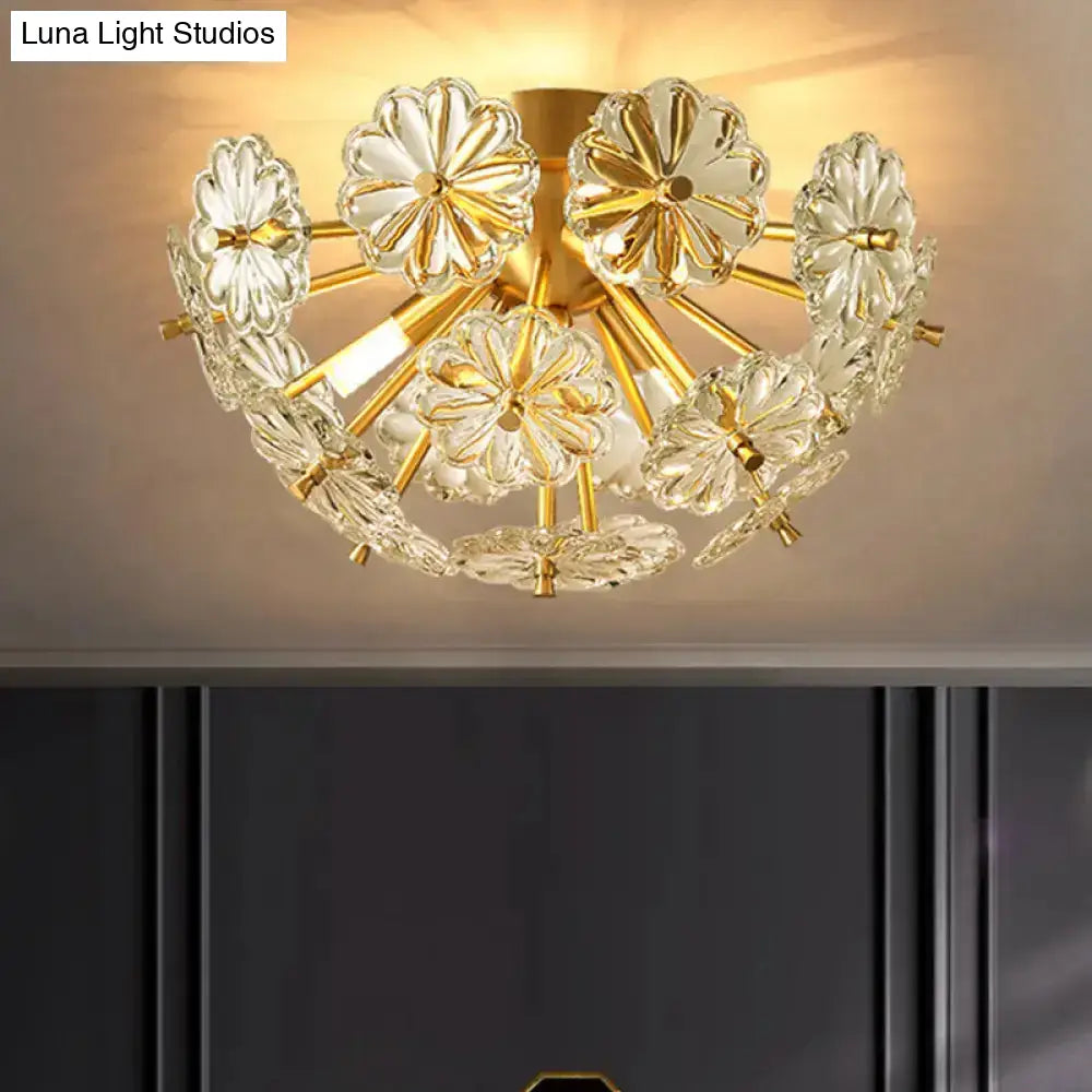 Modern Crystal Bouquet Semi Flush Mount Ceiling Lamp - Gold 3/5 Lights Bedroom Lighting