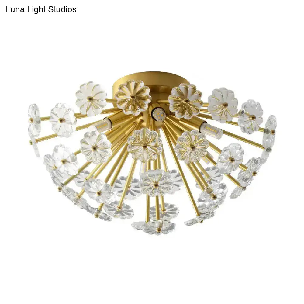 Modern Crystal Bouquet Semi Flush Mount Ceiling Lamp - Gold 3/5 Lights Bedroom Lighting