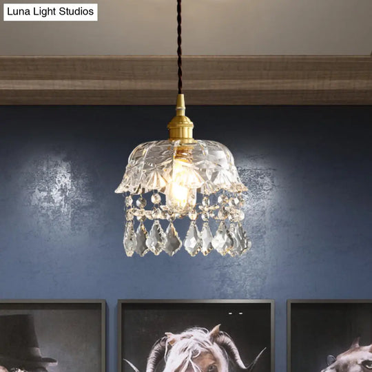 Modern Crystal Brass Pendant Lamp With Single Bulb For Bedside Or Ceiling Suspension