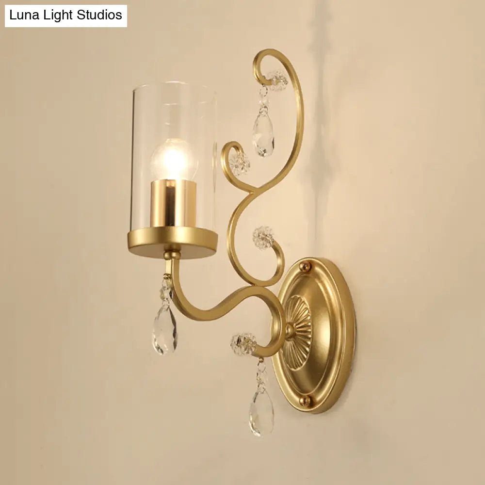 Modern Crystal Brass Sconce Wall Light With Clear Glass Cylinder Shade