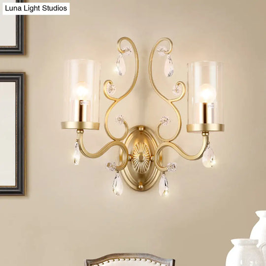 Modern Crystal Brass Sconce Wall Light With Clear Glass Cylinder Shade