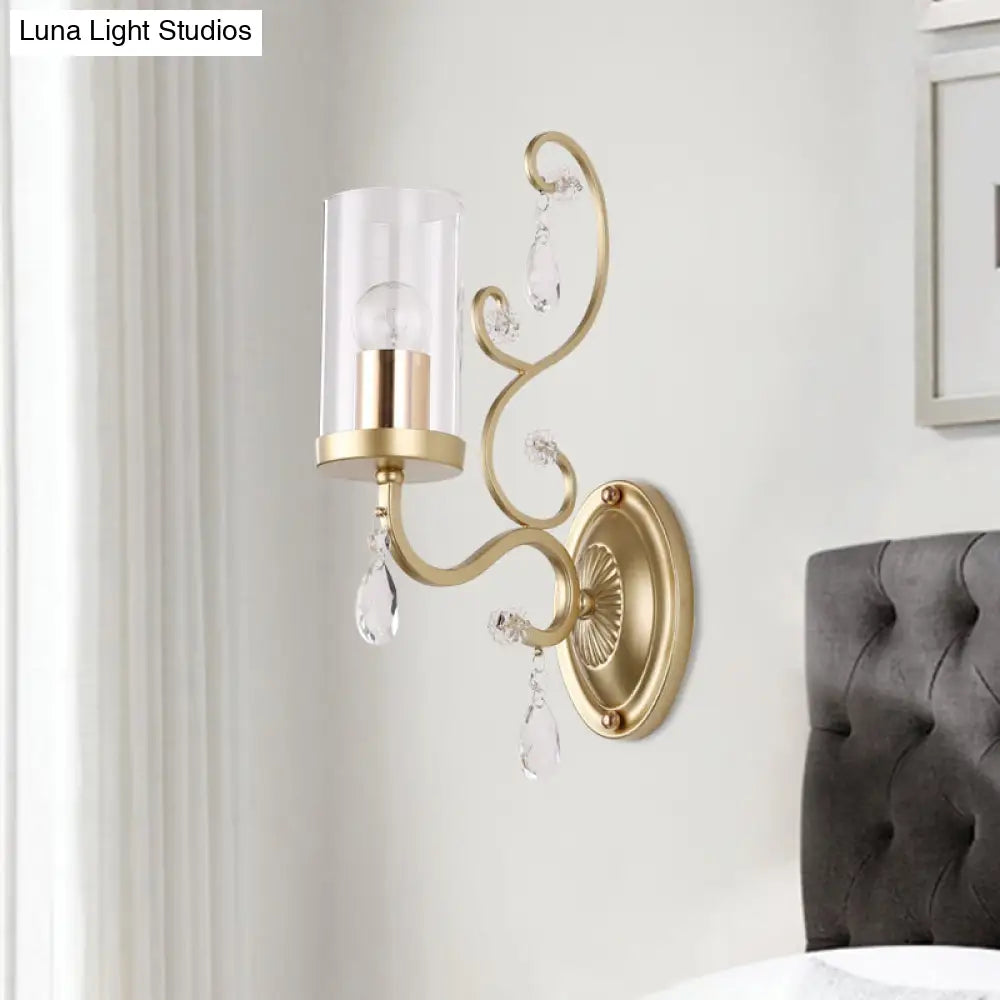 Modern Crystal Brass Sconce Wall Light With Clear Glass Cylinder Shade