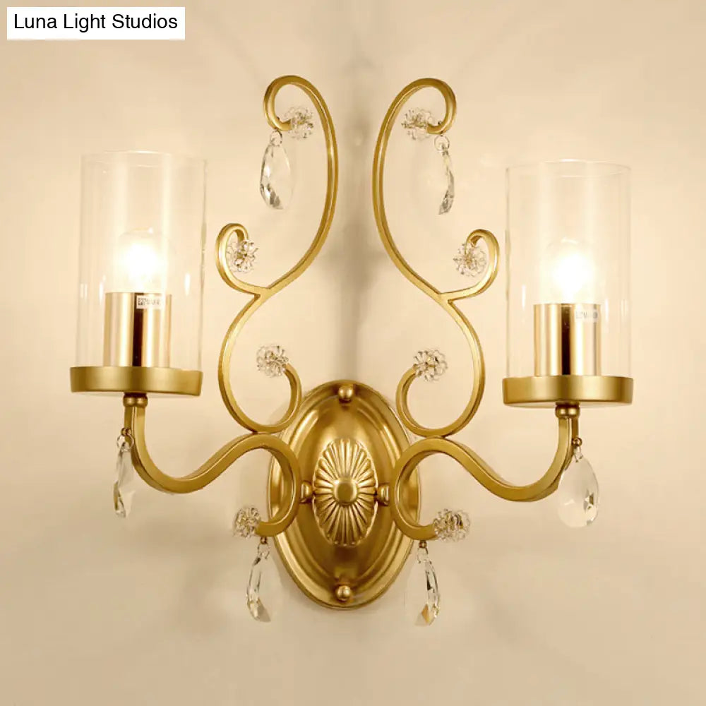 Modern Crystal Brass Sconce Wall Light With Clear Glass Cylinder Shade