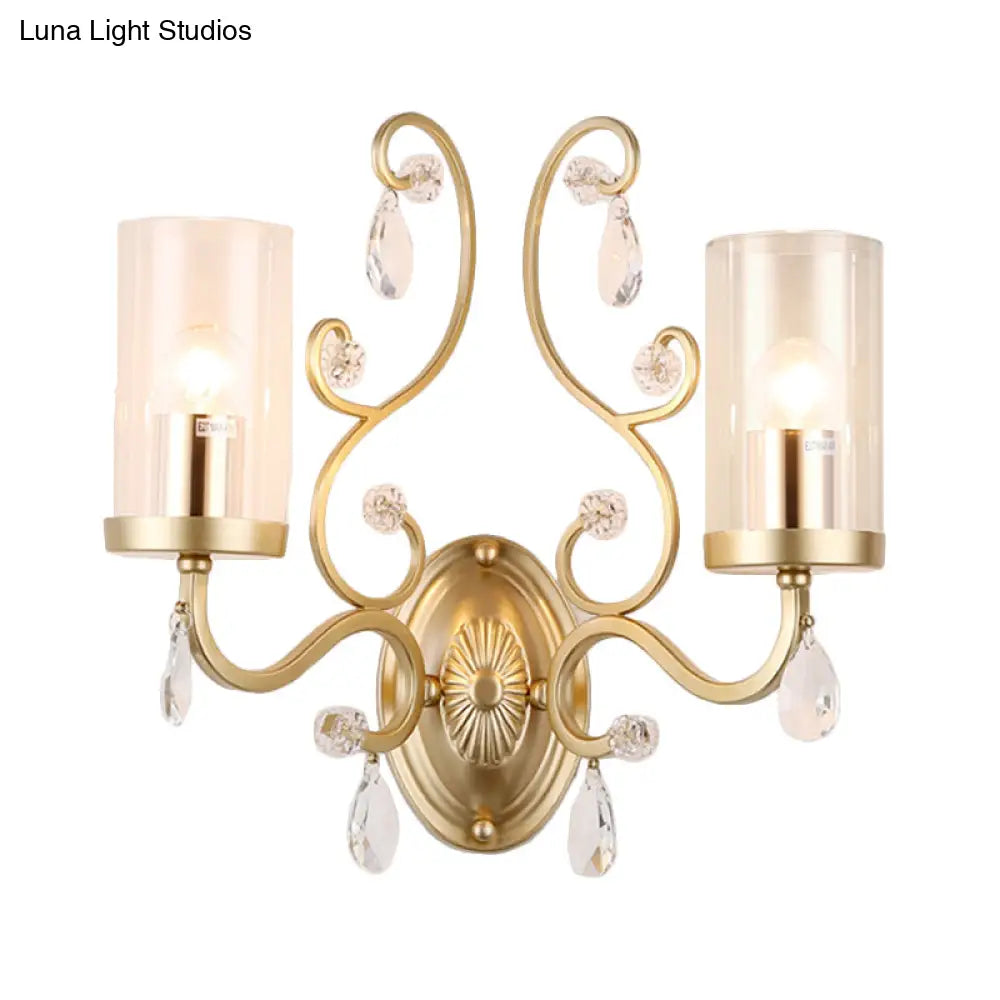 Modern Crystal Brass Sconce Wall Light With Clear Glass Cylinder Shade