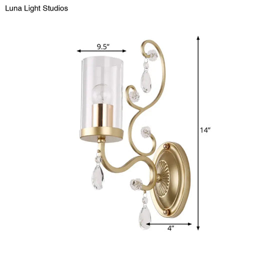 Modern Crystal Brass Sconce Wall Light With Clear Glass Cylinder Shade