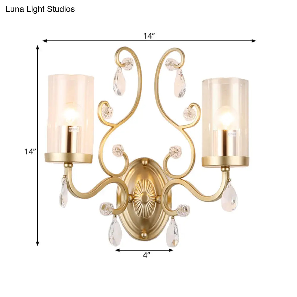 Modern Crystal Brass Sconce Wall Light With Clear Glass Cylinder Shade